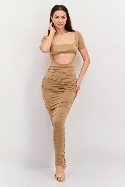 Public Desire فستان نسائي ضيق مكشكشة، بني