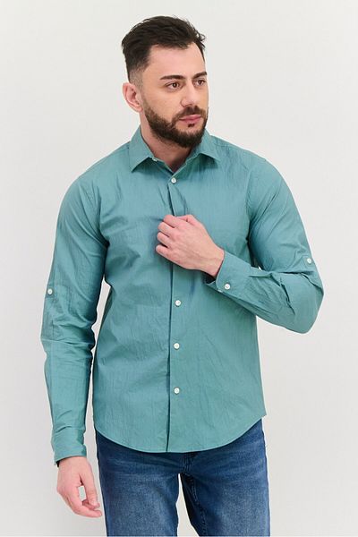 Perry Ellis قميص رجالي كاجوال سادة بأكمام طويلة وقصّة مطاطية، أخضر رمادي
