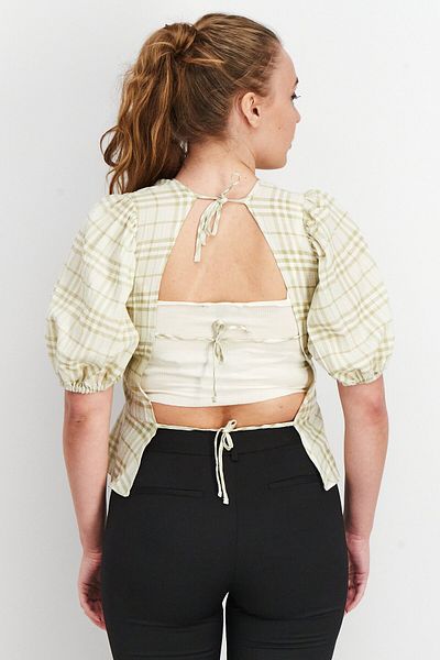 Miss Selfridge Women Crew Neck Puffed Sleeve Plaid Top, Off White
