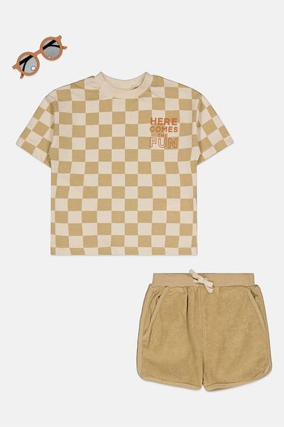 Lily & Jack Toddlers Boy 3 Pcs Checkered Tee And Shorts Set, Beige