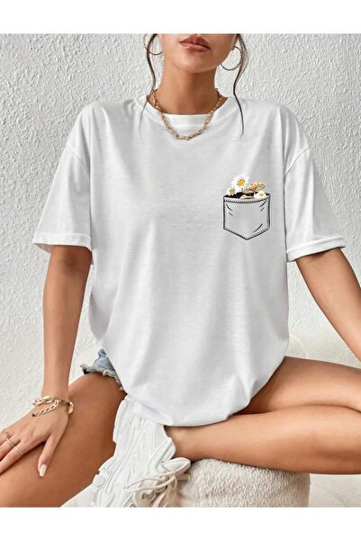 NO 601 Tricou oversize pentru femei, alb, cu buzunar, cu imprimeu floral