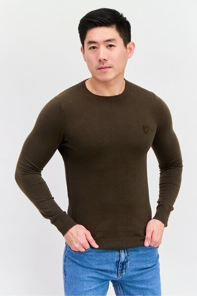 Lyle & Scott سترة رجالية بشعار مطرز برقبة دائرية، زيتوني