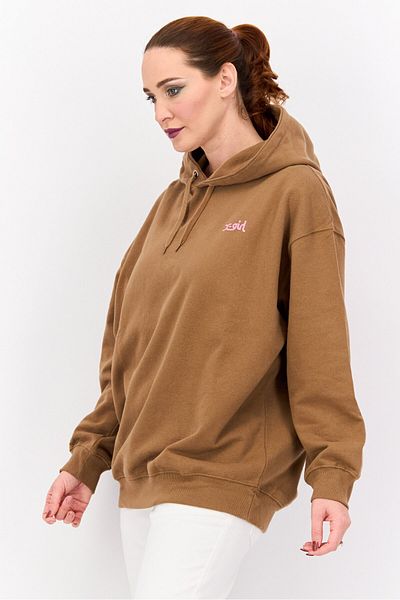 X-Girl Women Brand Logo Long Sleeves Hooded Sweatshirt, Brown