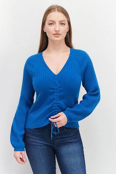 Aqua Women V-Neck Drawstring Long Sleeve Ribbed Sweater, Teal