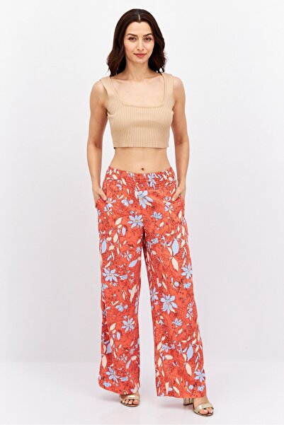 Esprit Women Wide Leg Floral Print Palazzo Pants, Peach Combo