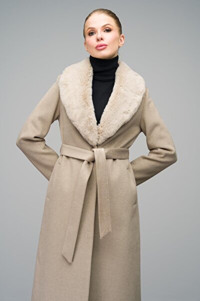 Olcay Stone Colored Snap Closure DeTAchable Collar Intermediate Coat - Stone 3066