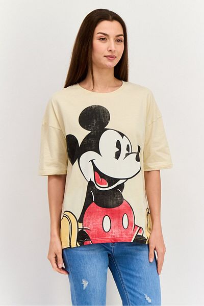 Disney Women Crew Neck Micky Mouse Print Top, Beige
