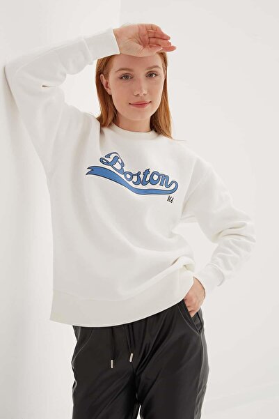 Fashion Friends Bisiklet Yaka Baskılı Sweat Ekru