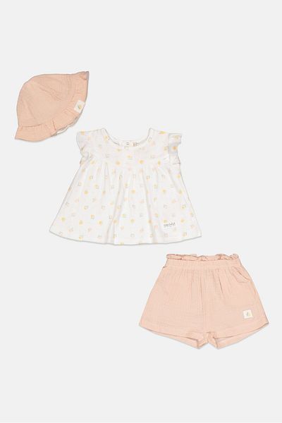 Home Grown Baby Toddler Girls 3 Pieces Alover Print Top Shorts And Beanie Hat, White Combo