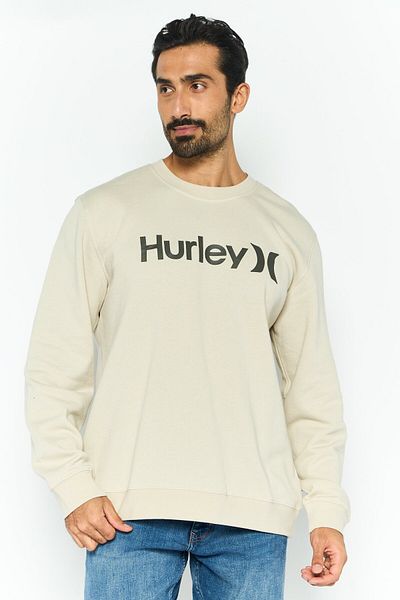 Hurley Men Crew Neck Long Sleeve Brand Logo Sweatshirt, Cream