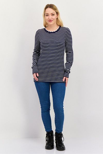 Esprit Women Ruffle Neck Long Sleeve Striped Top, Navy