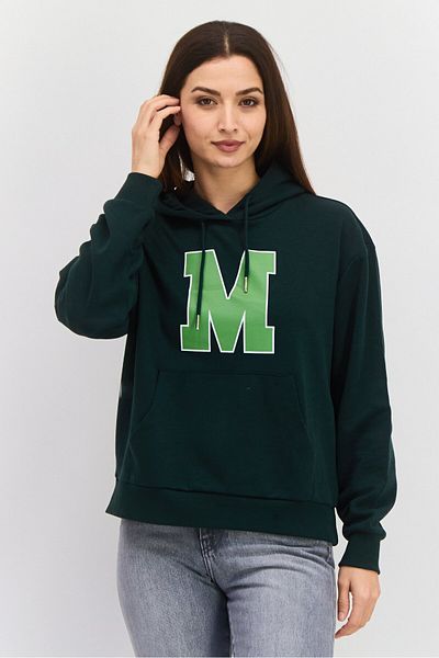 Mode by Redtape Women Graphic Print Long Sleeves Hooded Sweatshirt, Dark Green