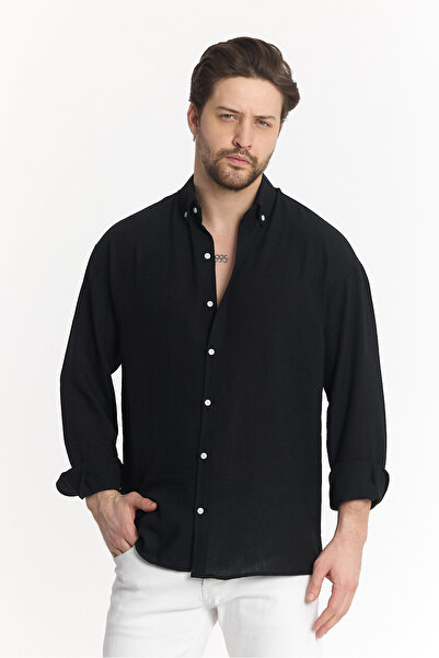 BİYOGRAF Keten Dokulu Bol Kalıp Uzun Kollu Oversize Siyah Erkek Gömlek