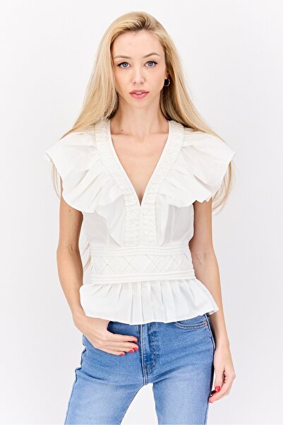 Ramy Brook بلوزة نسائية ذات رقبة على شكل حرف V وأكمام مكشكشة، باللون الأبيض