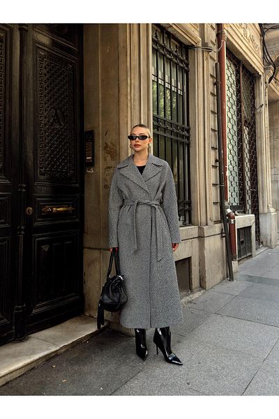 Olcay Παλτό Oversize με σχέδιο ψαροκόκκαλο - Κλείσιμο με κούμπωμα, μεσαίο μέγεθος, ΜΑΥΡΟ 3035