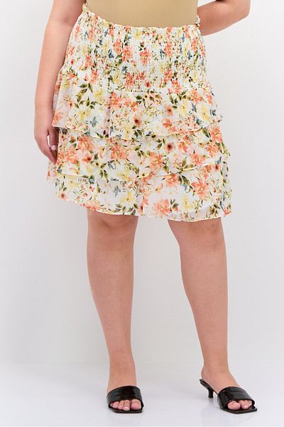 1 State Women Plus Size Floral Print Mini Skirts, Orange Combo