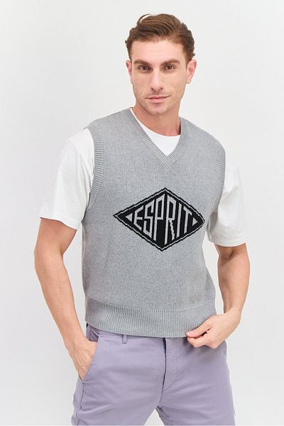 Esprit Men V-neck Sleeveless Textured Sweater Vest, Grey