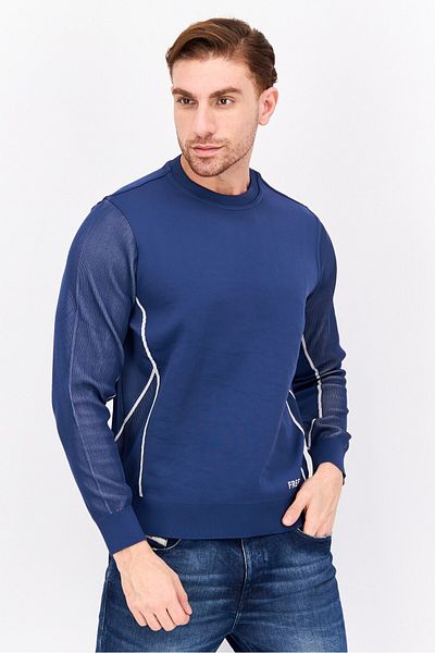 freesoul Men Crew Neck Long Sleeves Brand Logo Sweatshirt, Navy Blue