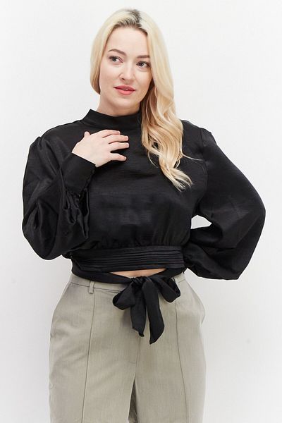 NA-KD Women High Neck Long Sleeves Satin Blouse, Black