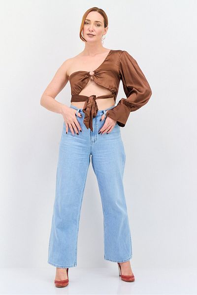Violet Romance Women Asymmetrical Neck One Shoulder Sleeves Ring Detail Crop Top, Brown