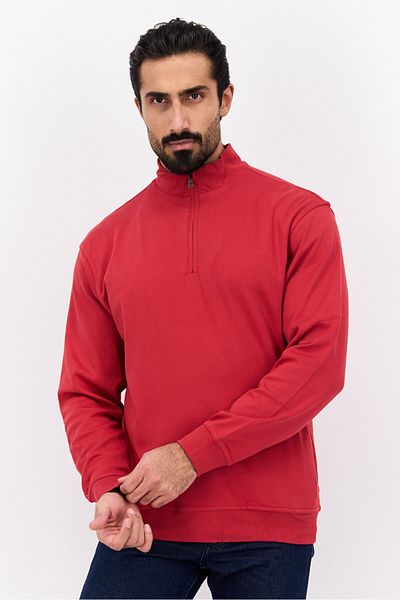 Greg Norman Men Half Zip Long Sleeve Plain Sweatshirt, Red