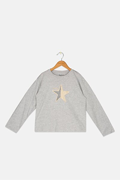 Pepe Jeans بلوزة مطبوعة برسومات ورقبة دائرية للبنات الصغار، رمادي