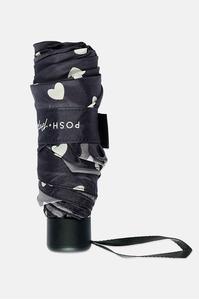 Posh & Pop Heart Print Folded Umbrella, Black
