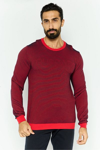Trussardi Jeans Men Crew Neck Long Sleeve Textured Sweater, Red