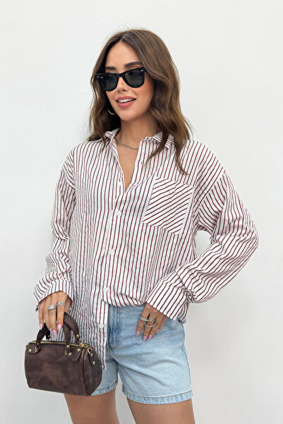 King Brothers Laza szabású bordó csíkos egyzsebű, hosszú ujjú, barátos női ing