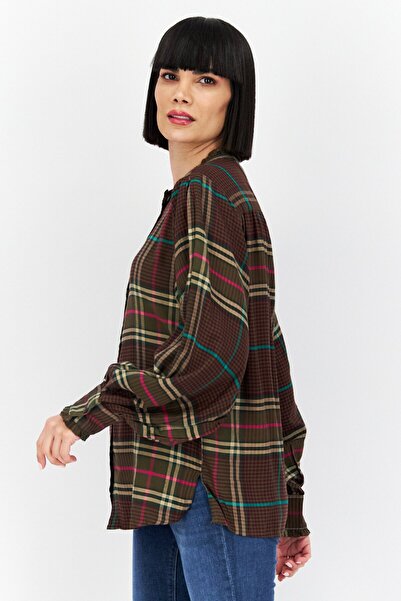 Tommy Hilfiger Women Ruffle Neck Long Sleeves Checkered Blouse, Multicolor