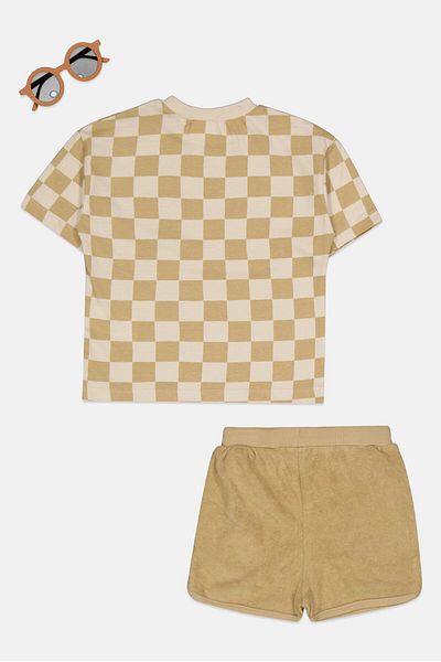 Lily & Jack Toddlers Boy 3 Pcs Checkered Tee And Shorts Set, Beige