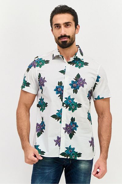 Perry Ellis Men Stretch Fit Short Sleeves Allover Printed Casual Shirt, White Combo