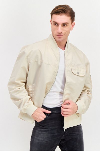 Esprit Men Band Collar Solid Bomber Jacket, Beige