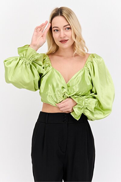 Yaura بلوزة قصيرة سادة بأكمام منفوخة من Queen Anne للنساء، لون ليموني