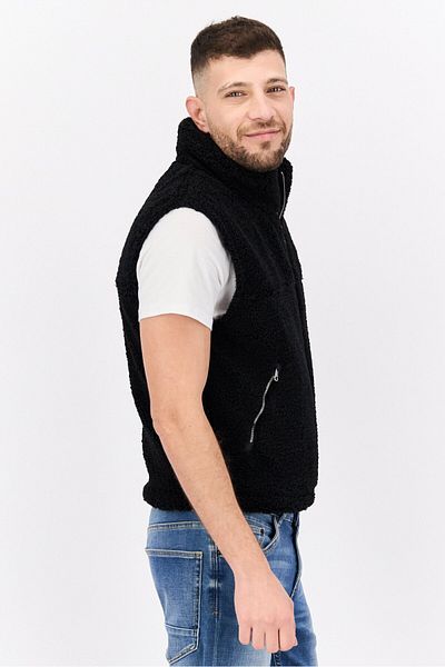 Esprit Men Embroidered Logo Faux Fur Vest Jackets, Black
