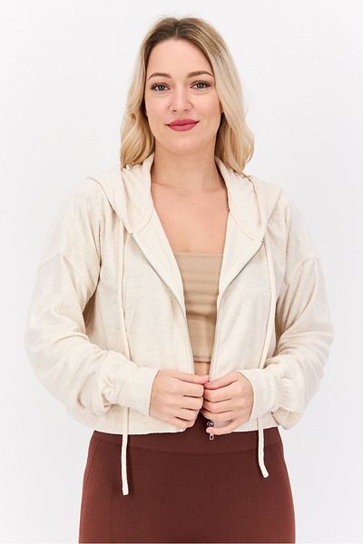 NIA Women Hood Neck Textured Hoodie, Beige