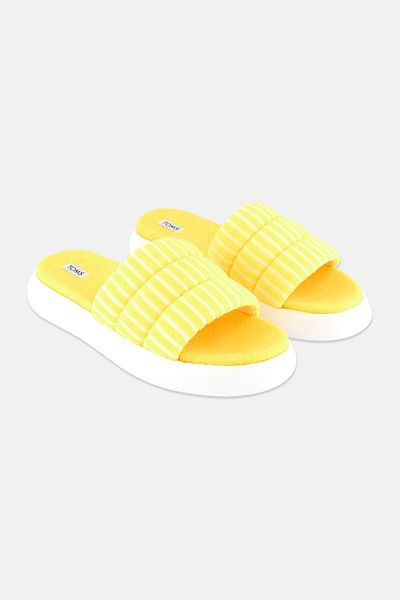 Toms Women Striped Terry Slip On Slides, Yellow
