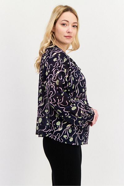 Scotch & Soda Women Tie Neckline Allover Print Long Sleeve Top, Navy Blue