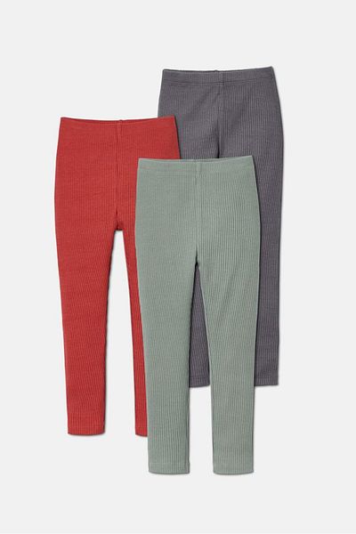 Tchibo Toddler Girls 3 Pieces Ribbed Leggings, Grey And Rust And Olive