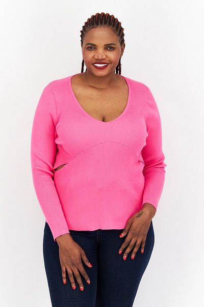 Bar III Women Plus Size V Neck Long Sleeve Textured Blouse, Pink