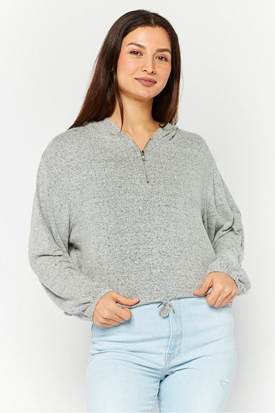 Brave Soul Women Hooded Long Sleeve Solid Sweatshirt, Grey