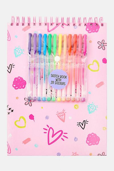 Votum All Over Print Spiral Sketchbook With 28 Stickers And 12 Pens 30 H X 23 L X 2 W Cm, Pink Combo