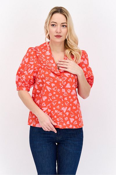 Nobody’s Child Women V Neck Short Sleeves Heart Poplin Blouses, Red