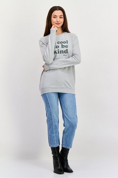 Disney Women Crew Neck Graphic Printed Sweatshirt, Grey