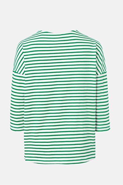 Tchibo Women Round Neck Elbow Sleeve Stripe Tops, Green