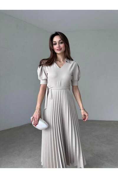 MODA DURAĞI Kuşaklı Karpuz Kollu Piliseli Elbise