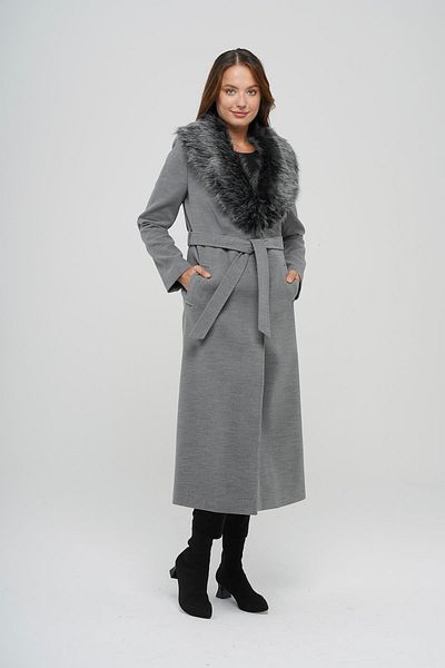Olcay Abnehmbarer, an der Taille gebundener langer Mantel mit Pelz, Grau 3804