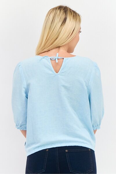 WRANGLER Women Round Neck Short Sleeve Textured Blouse, Light Blue