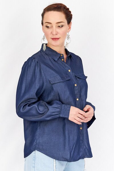 Tchibo Women Spread Neck Long Sleeves Plain Shirts, Navy