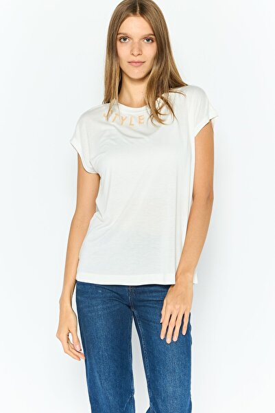 Esprit Women Round Neck Cap Sleeves Textured Top, White